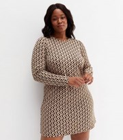 New Look Curves Brown Geometric Heart Jacquard High Neck Mini Dress
